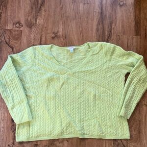 Bright Lime chartreuse Cable Knit V-Neck Sweater 2x lambswool cashmere blend